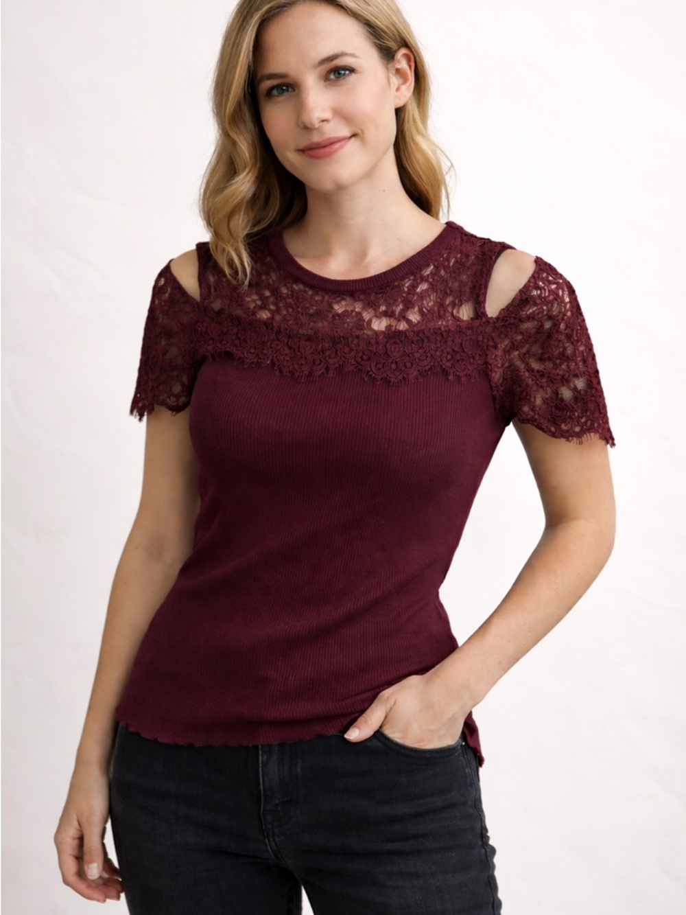 INC International Concepts Burgundy Lace Cold-Shoulder Ribbed Top